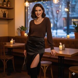 Moda International Brown Shimmer Knit Sweater - Scoop Neck Puff Sleeve - Size M